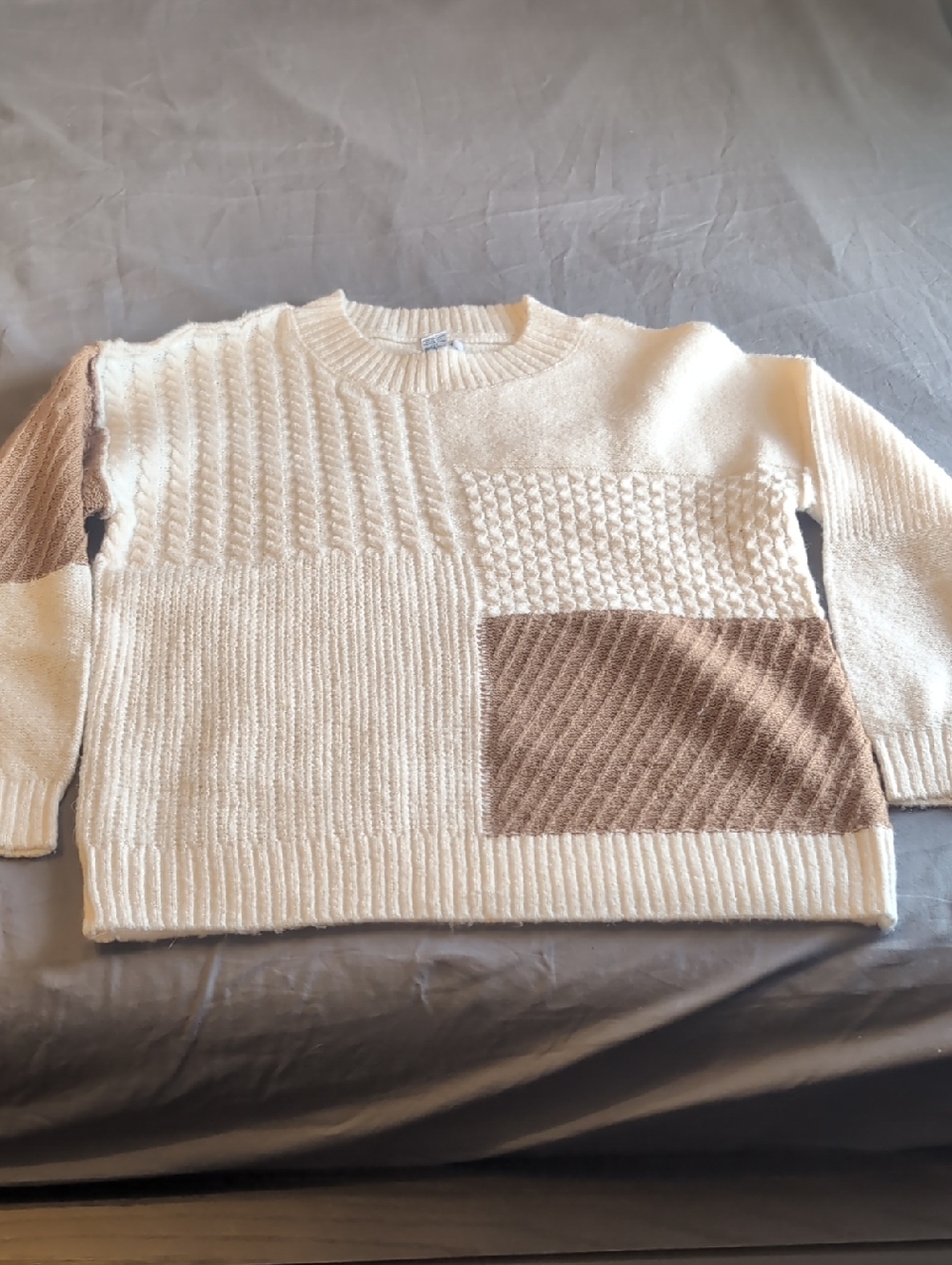 Rue21 Cream and Brown Patchwork Crewneck Sweater